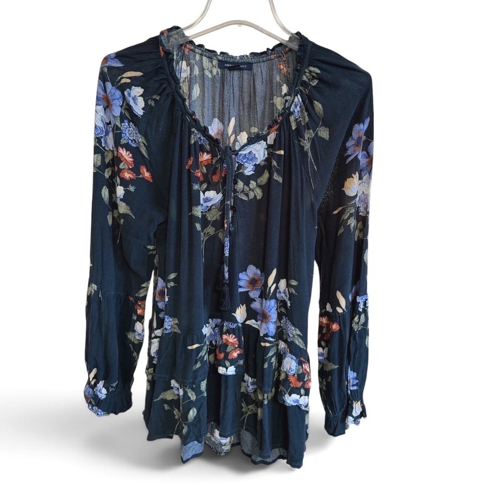 American Eagle Floral Peasant Blouse Womens M Black Tassel Tie Boho Top Fairy